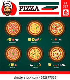 Vector set of popular varieties of pizzas.