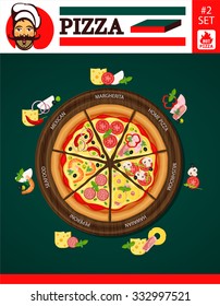 Vector set of popular varieties of pizzas.