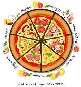 Vector set of popular varieties of pizzas. Pizza  illustration isolated. Pizza  collection on white background.