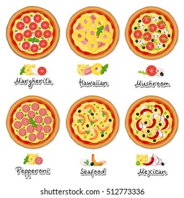 Vector set of popular varieties of pizzas. Pizza  illustration isolated. Pizza  collection on white background.