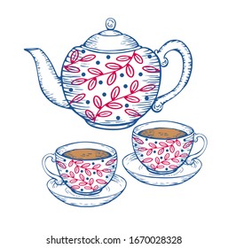 Vector set with porcelain teapot and two cups of tea with ornament.  Illustration drawing in vintage graphic style. Isolated on background. 