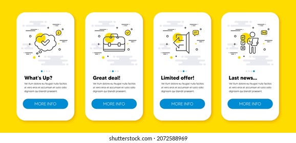 Vector set of Portfolio, Sign out and Approved line icons set. UI phone app screens with line icons. Voting ballot icon. Business case, Logout, Comic message. Vote checklist. Phone UI banners. Vector