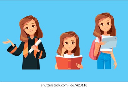  Vector set. Portrait of girl student, graduated student in various poses. Reading books, with tablet, in a graduation gown with diploma. Cartoon characters.