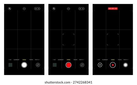 Vector set of portrait smartphone camera UI overlays featuring grid lines and focus lock indicator. Ideal for UI mockups, app design, and video photo templates.