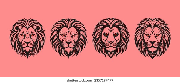Vector set of portraits of angry graphic muzzles of lions with red eyes on an isolated background. Stickers or icons.