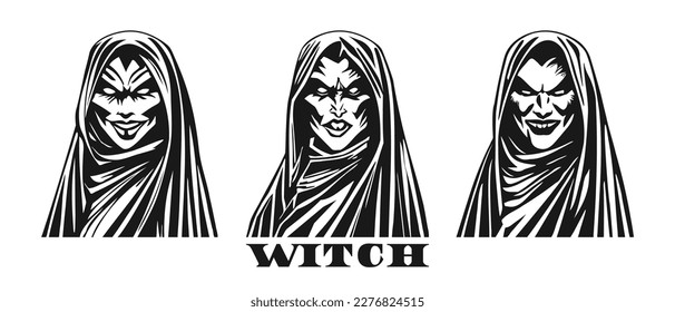 Vector set of portraits of black and white witches with empty eyes and in a cape. Logo, sticker or icon. Isolated background.