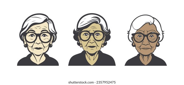 Vector set of portraits of cute Asian elderly grandmothers with glasses. Graphic icons or stickers. Isolated white background.