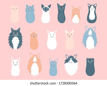 Vector set with portraits of cute cats different breeds. Cat background. Flat cartoon colourful illustration. 