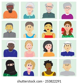Vector set portraits of different people. Can be used for avatars, icons, as a pattern for the background, as an illustration. part 2