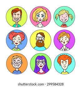 Vector set of portraits of different people on a bright background
