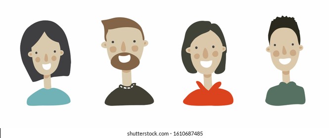 Vector set of portraits - flat style vector, isolated. Design idea illustration of young men and women, faces with smiles and shoulders avatars. Set of vector icons for social media, flat style