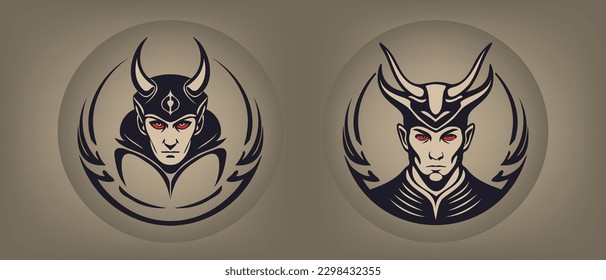 Vector set of portraits of horned fearsome princes of darkness. Stickers, icons or stencils. Brutal hellish creatures.