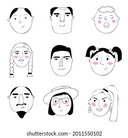Vector set of portraits of people. Cartoon funny minimalistic female and male characters. Drawings of people's faces with different emotions and moods. Avatar for social networks.