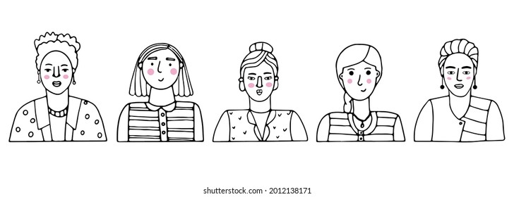 Vector set of portraits of people. Cartoon funny minimalistic female characters of different ages. Drawings of women's faces with various emotions and moods. Avatar for social networks