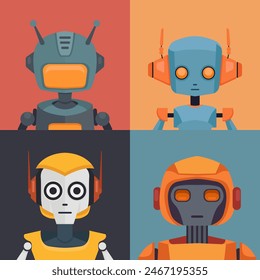 Vector set of portraits of various robots. Collection of android mascot cards. Flat illustrations of childish cyborg toys for icon and your design