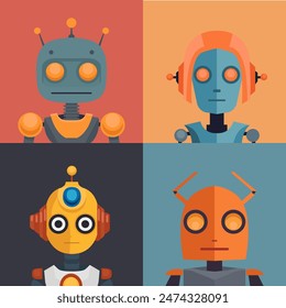 Vector set of portraits of various robots. Collection of android mascot cards. Square flat illustrations of childish cyborg toys for icon and your design