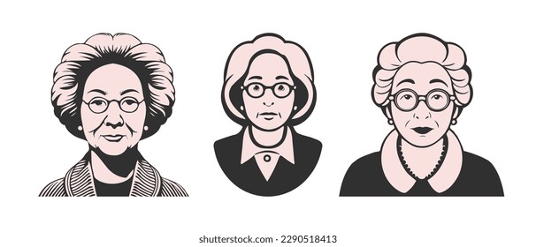 Vector set of portraits of women of different ages. Simple monochrome stencil, grandmother, lady and madam. White isolated background. Icons, stickers or labels.