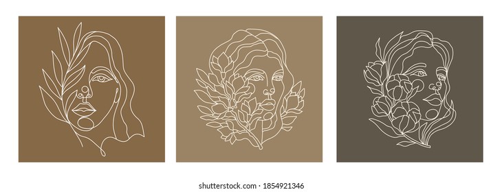 Vector set of portraits of women with flowers. Continuous line drawing of a woman s face with a magnolia, laurel or cotton flower. Fashion concept, minimalist beauty of woman with linear pattern - Shutterstock ID 1854921346