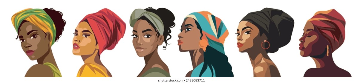 Vector set of portraits of women Latino, American, Afro of different nationalities in turban, headscarf, headband, side poses, icons, avatars for social networks