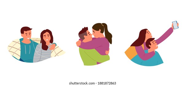 Vector Set Of Portraits Of Young Couples In Love. Hugging, Making Selfie, Listening To Music Under Plaid. Isolated On White.