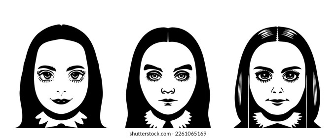 Vector set of portraits of young girls in monochrome style. Brunette lady with long hair and big eyes. Mystical teenagers. Black stickers or icons on a white isolated background.