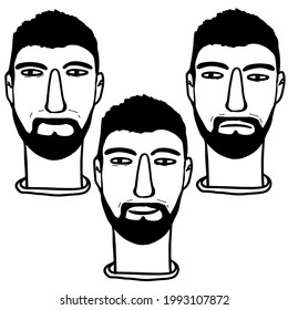 Vector set of portraits of a young man with a beard: smiling, sullen, hiding emotions. Doodle style, in black.
