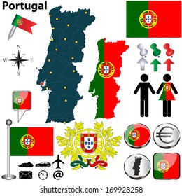 Vector set of Portugal country shape with flags, buttons and icons isolated on white background