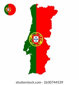 Vector set of Portugal high detailed map flag and national flag round badge isolated on white background.
