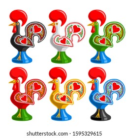 Vector set of Portuguese Roosters, traditional symbol of Portugal - rooster galo de barcelos, collection of 6 cut out portuguese kids toys on white background.