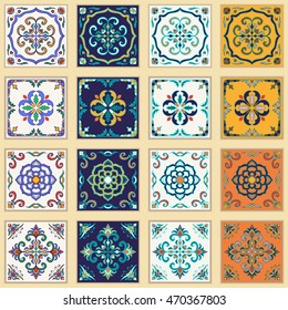 Vector set of Portuguese tiles. Beautiful colored patterns for design and fashion.  Azulejo, Talavera, Moroccan ornaments in four different color combination