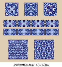 Vector set of Portuguese tiles and borders. Collection of colored patterns for design and fashion. Spanish, Moroccan, Turkish ornaments