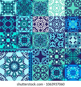 Vector set of Portuguese tiles. Collection seamless patchwork pattern tiles from Morocco, Portugal in blue colors.