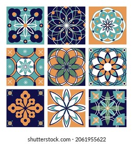 Vector set of Portuguese tiles. Collection of colored patterns for design and fashion. Azulejo,Talavera, Spanish, Moroccan ornaments