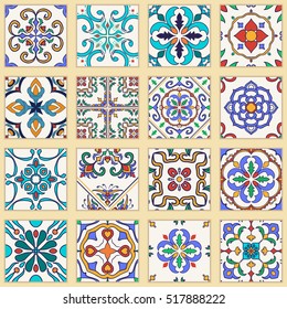 Vector set of Portuguese tiles. Collection of colored patterns for design and fashion. Azulejo, Spanish, Moroccan ornaments 