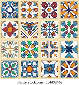 Vector set of Portuguese tiles. Collection of colored patterns for design and fashion. Azulejo, Spanish, Moroccan ornaments