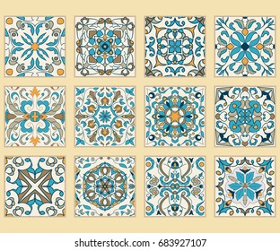 Vector set of Portuguese tiles. Collection of colored patterns for design and fashion. Azulejo,Talavera, Spanish, Moroccan ornaments