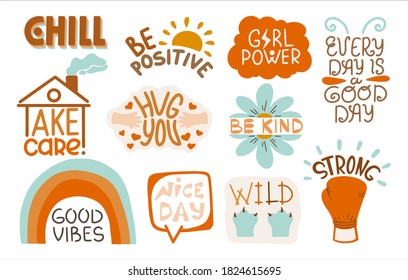 Vector Set Of Positive Stickers With Inscriptions. Cute Lettering Template Decorated With Cartoon Image And Trendy Lettering.