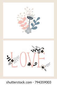 Vector set of post cards, invitations with hand drawn lettering, flowers and decorative elements. Boho and vintage style