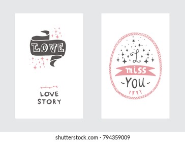 Vector set of post cards, invitations with hand drawn lettering, flowers and decorative elements. Boho and vintage style