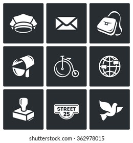 Vector Set of Post Office Icons. Postman, Letter, Delivery, Transport, International, Sending, Address, Carrier Pigeon. Cap, Envelope, Bag, Mailbox, Bicycle, Globe, Stamp, Address label, Bird