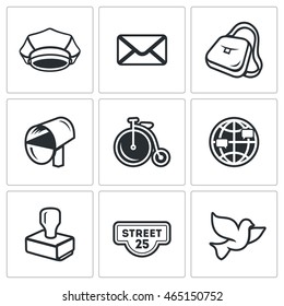 Vector Set of Post Office Icons. Postman, Letter, Delivery, Transport, International, Sending, Address, Carrier Pigeon.