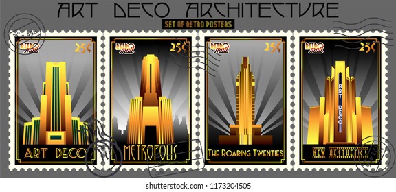 Vector Set of Postage Stamps Art Deco Architecture Style