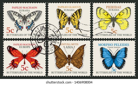 Vector set of postage stamps with different butterflies and their names on a light background in retro style