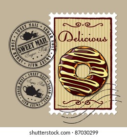 Vector set of postage stamps with donut and tea cup and teapot.