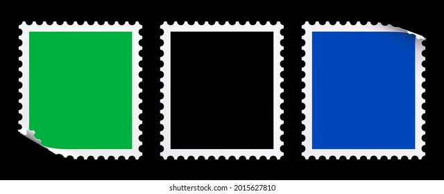 Vector set of postage stamps with a green and blue fields for chroma keying. Postmarks with a perforated frames and folded corners. Realistic clipart on the black background.