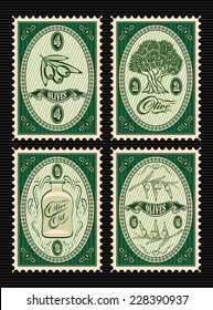 vector set of postage stamps with olives, tree, oil