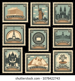 Vector set of postage stamps on the travel theme from different countries with historical architectural sights landmarks svg