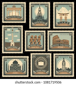 Vector set of postage stamps on the travel theme from different countries with historical architectural sights landmarks