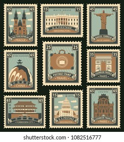 Vector set of postage stamps on the travel theme with different historical architectural sights landmarks