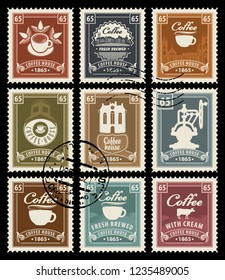 Vector set of postage stamps on the theme of coffee in retro style with rubber stamps